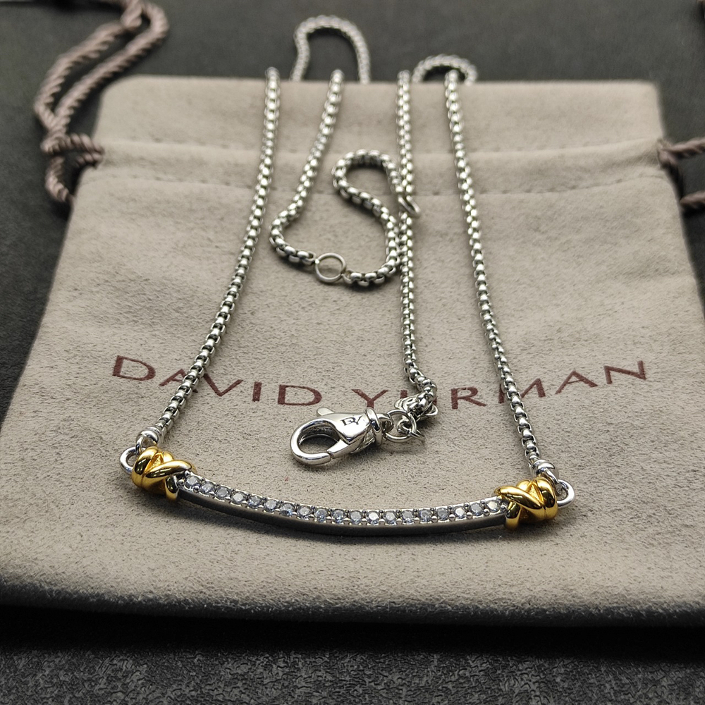 David Yurman Two-Tone Diamond Curved Bar Necklace in Silver and Gold